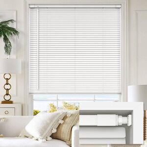 White No Drill Tension Window Blinds Vinyl Slats Metal Head Rail Inside Mount